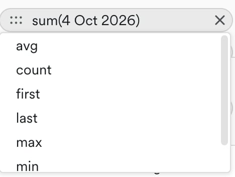 Aggregation menu open on a Values column, listing avg, count, first, last, max, and min.