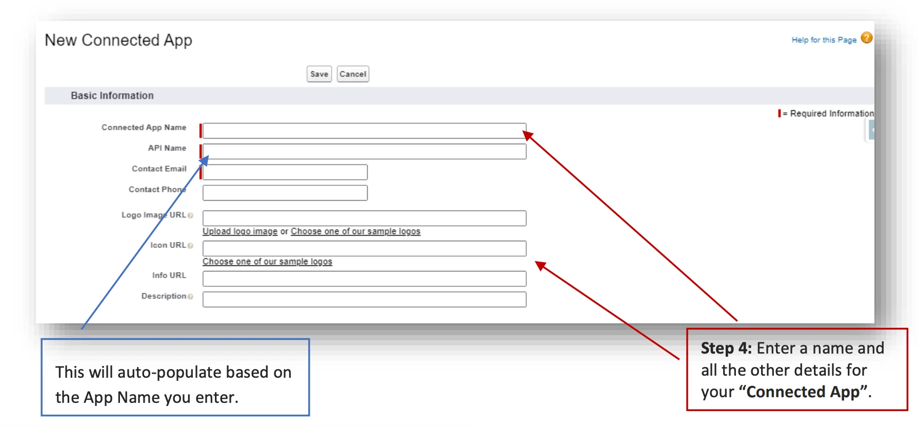 Salesforce New Connected App form with basic information fields