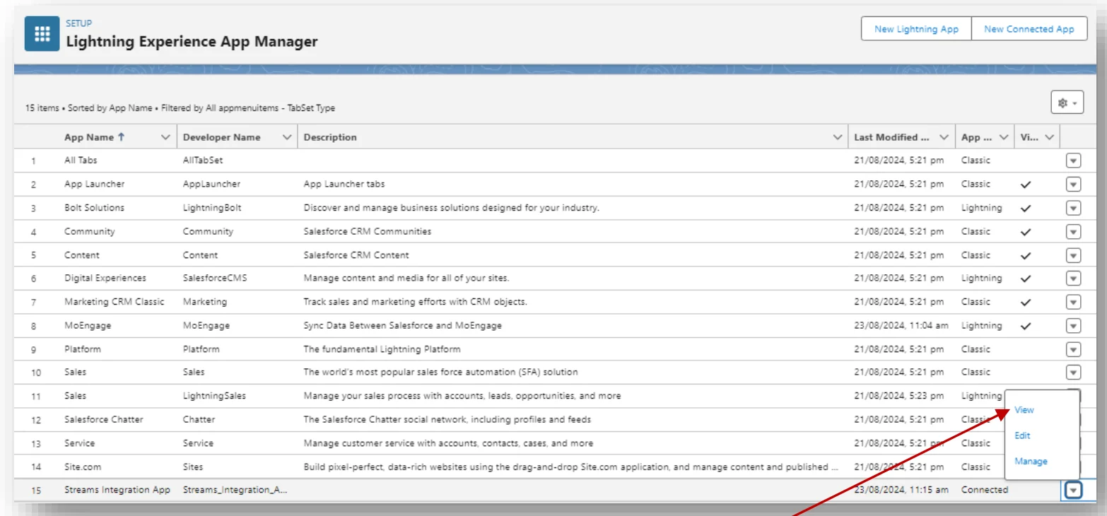 Salesforce App Manager dropdown menu with the View option for the connected app