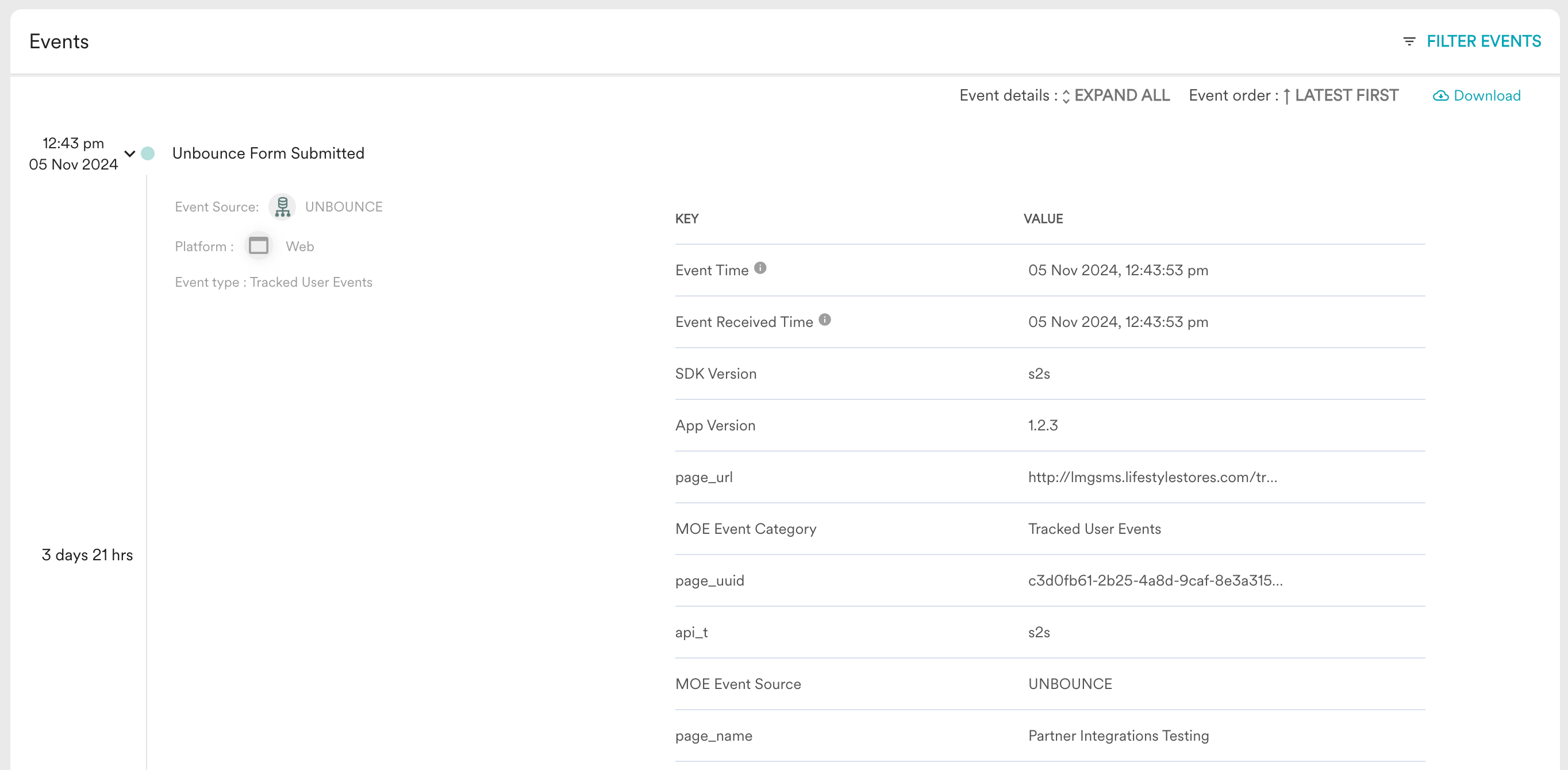 MoEngage user profile showing data captured from an Unbounce form submission
