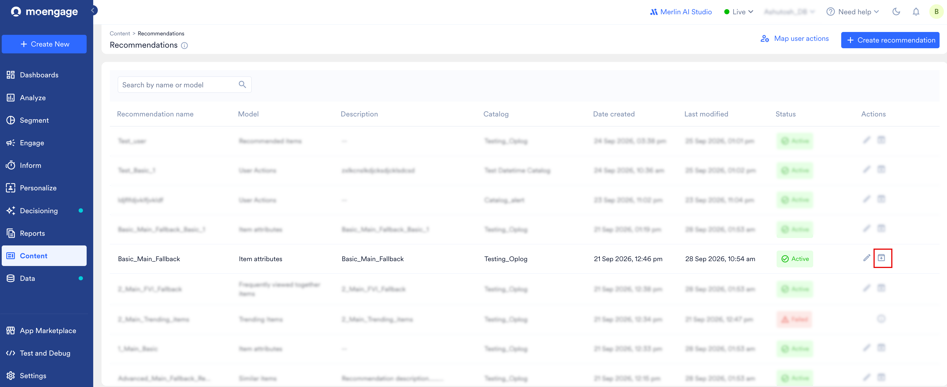 The Recommendations page with the archive icon under Actions highlighted for the Basic_Main_Fallback recommendation