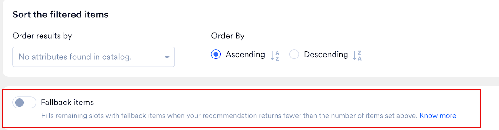 A new Basic recommendation with the Fallback items toggle off and no option selected