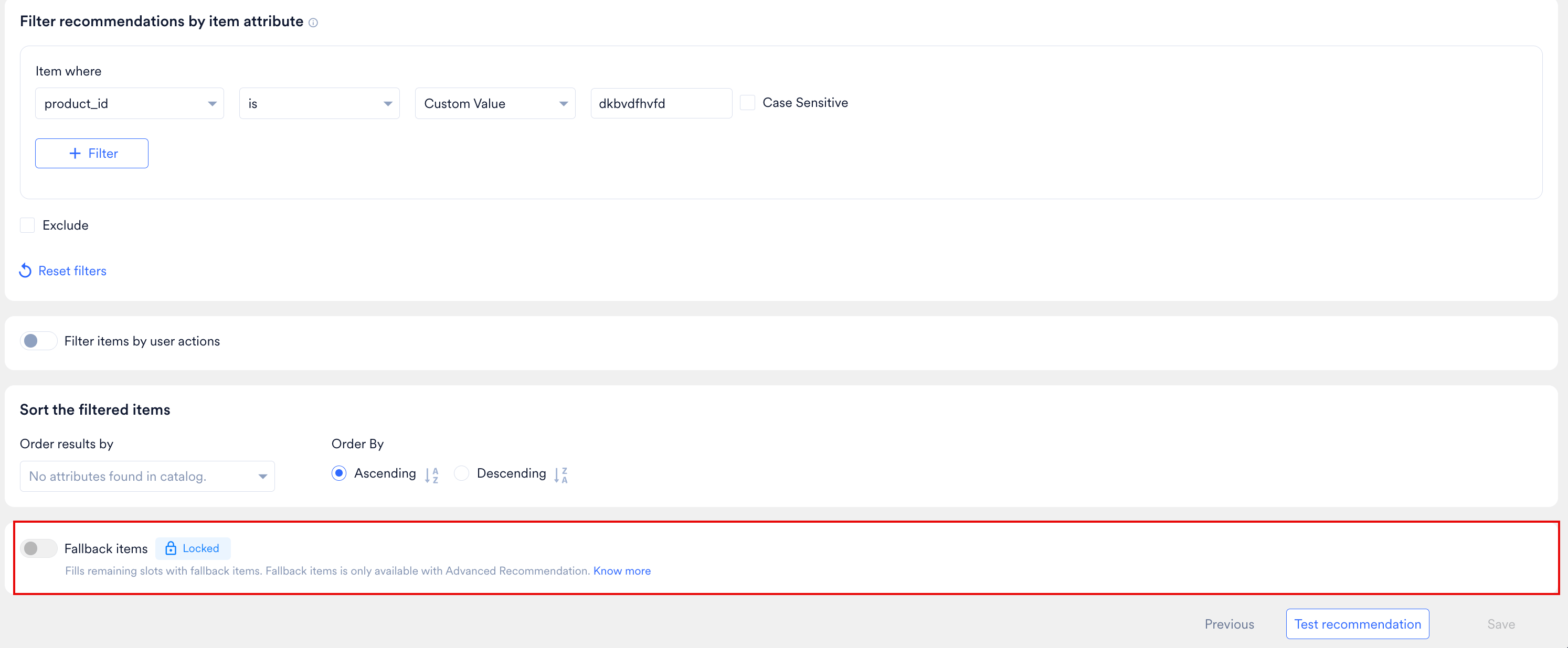 The Fallback items section at the bottom of the recommendation setup, with a Locked badge next to the toggle