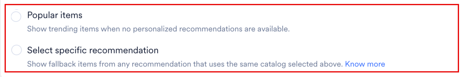 The two fallback options highlighted, Popular items and Select specific recommendation