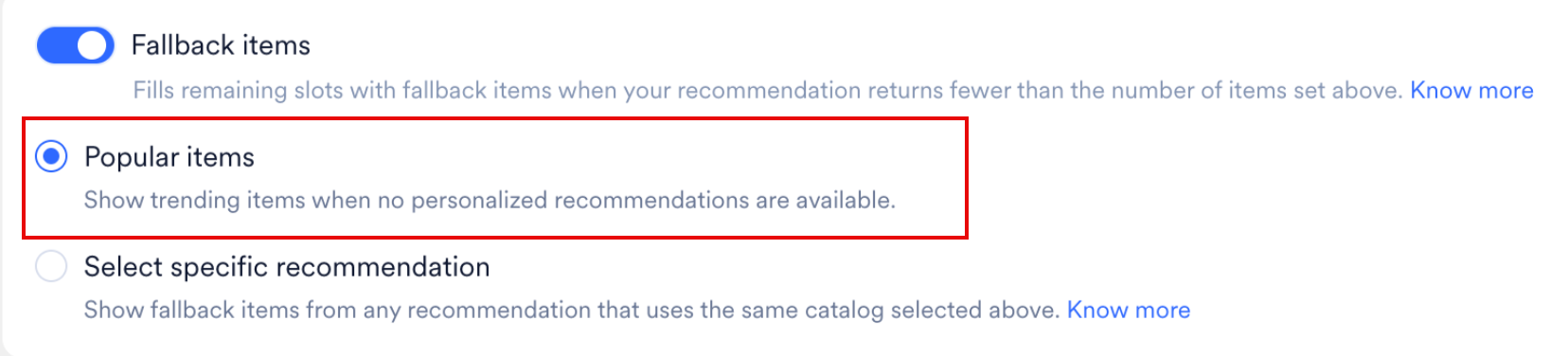 The Fallback items section with the toggle on and the Popular items option highlighted and selected