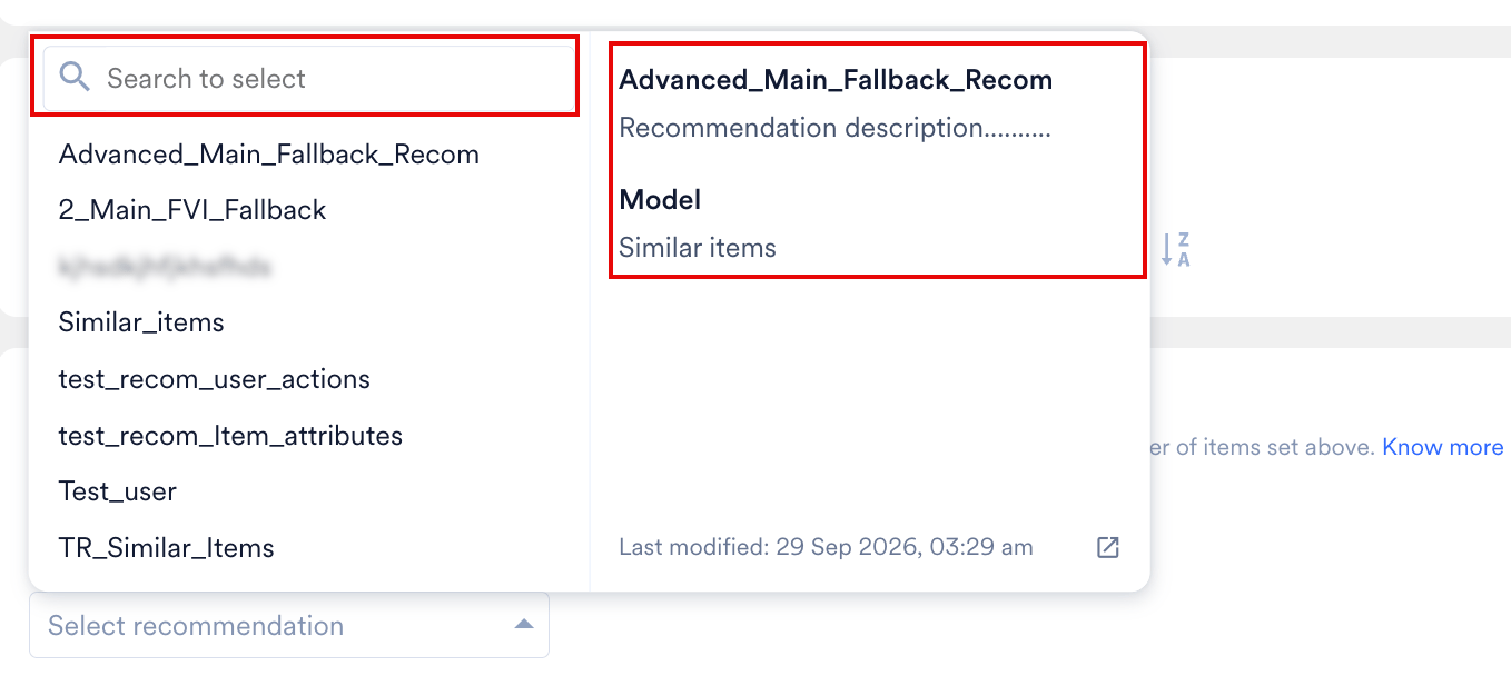 The Select recommendation list open, with the Search to select box highlighted on the left and the details of the selected recommendation highlighted on the right