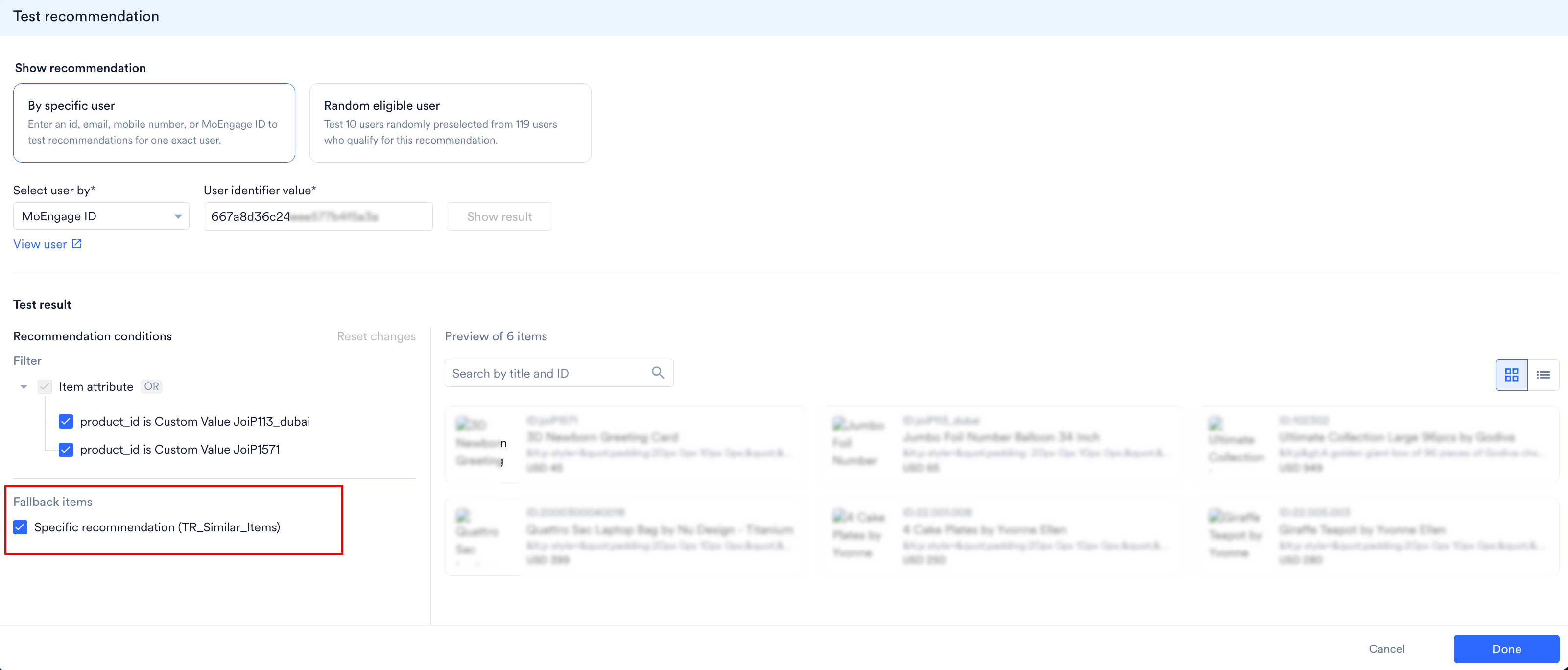 The Test recommendation panel, with the Fallback items group highlighted under Recommendation conditions and the item preview on the right