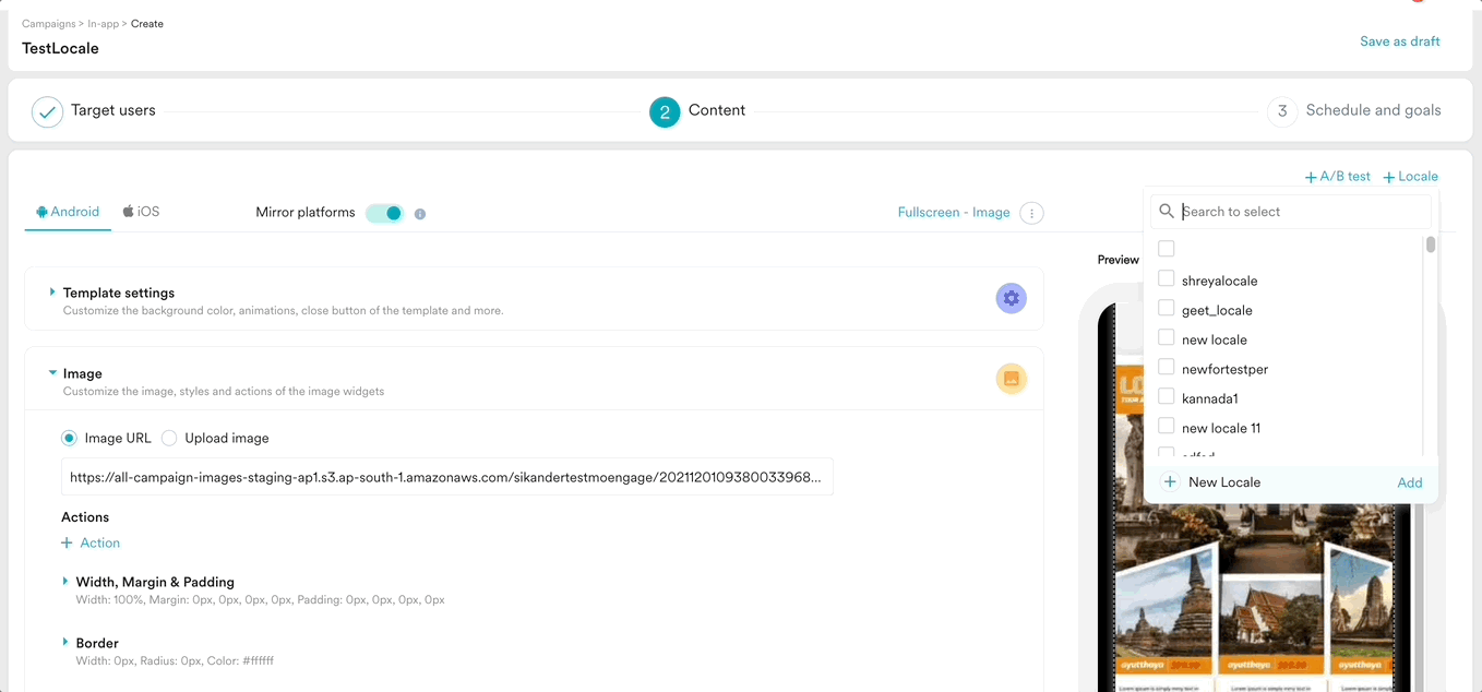 Animation showing the process of adding a new locale by entering details in the 'Add New Locale' pop-up.