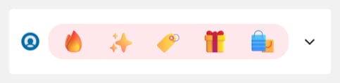 A collapsed notification whose icon card uses a pale pink background behind five offer icons: a flame, sparkles, a price tag, a gift, and shopping bags