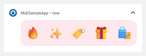 The same notification expanded, showing the pink card and the five offer icons at a larger size