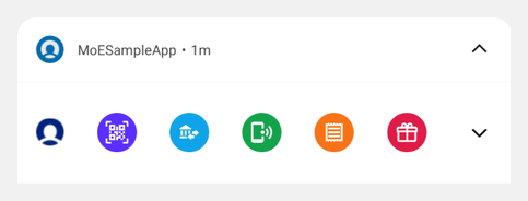 A collapsed notification from a sample app, showing a row of five circular icons: scan, transfer, recharge, bills, and rewards
