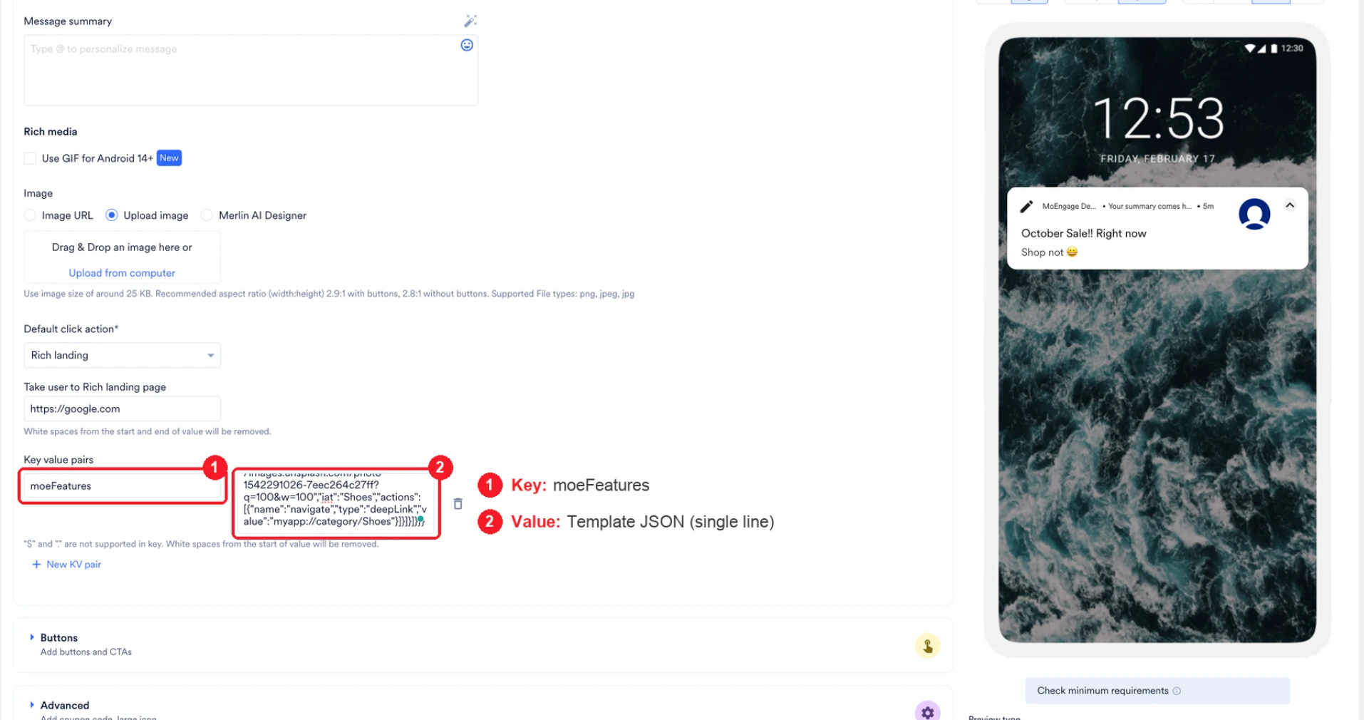 The Key value pairs section in Basic Details, below Default click action, with moeFeatures entered as the key and the single-line template JSON entered as the value