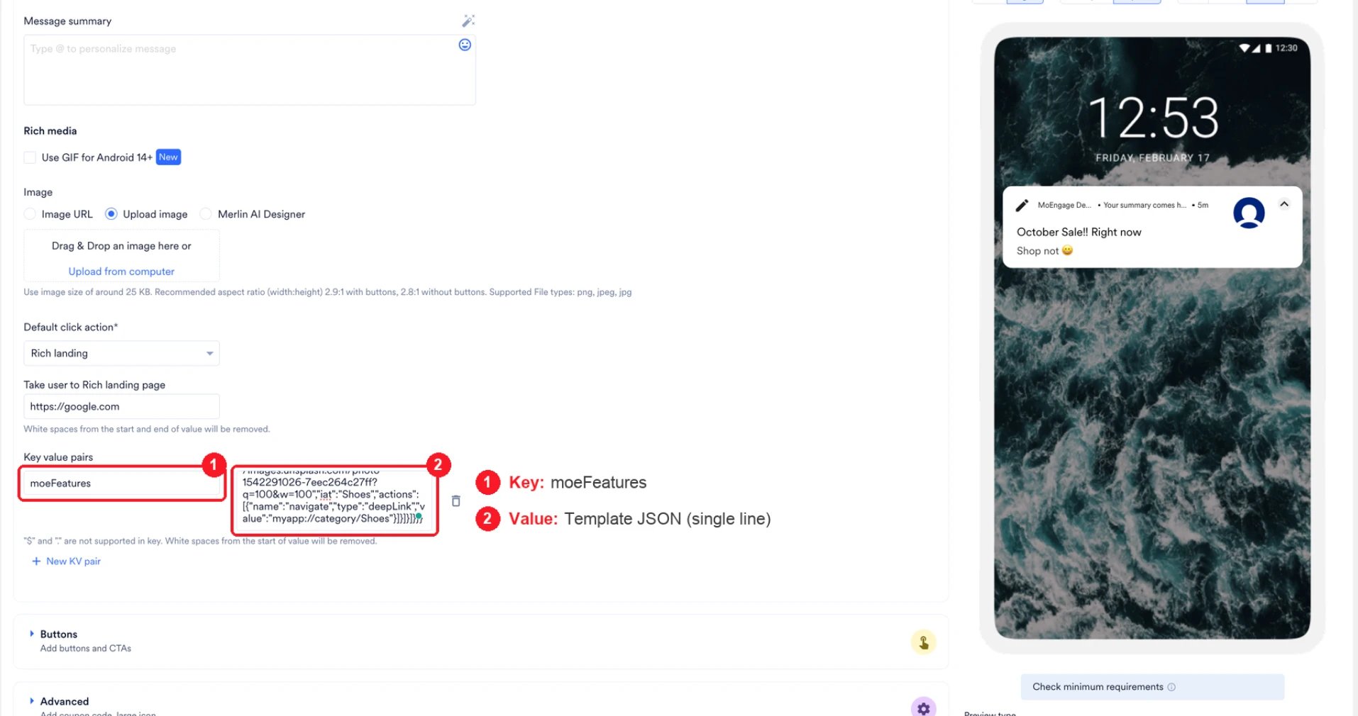 The Key value pairs section in Basic Details, below Default click action, with moeFeatures entered as the key and the single-line template JSON entered as the value