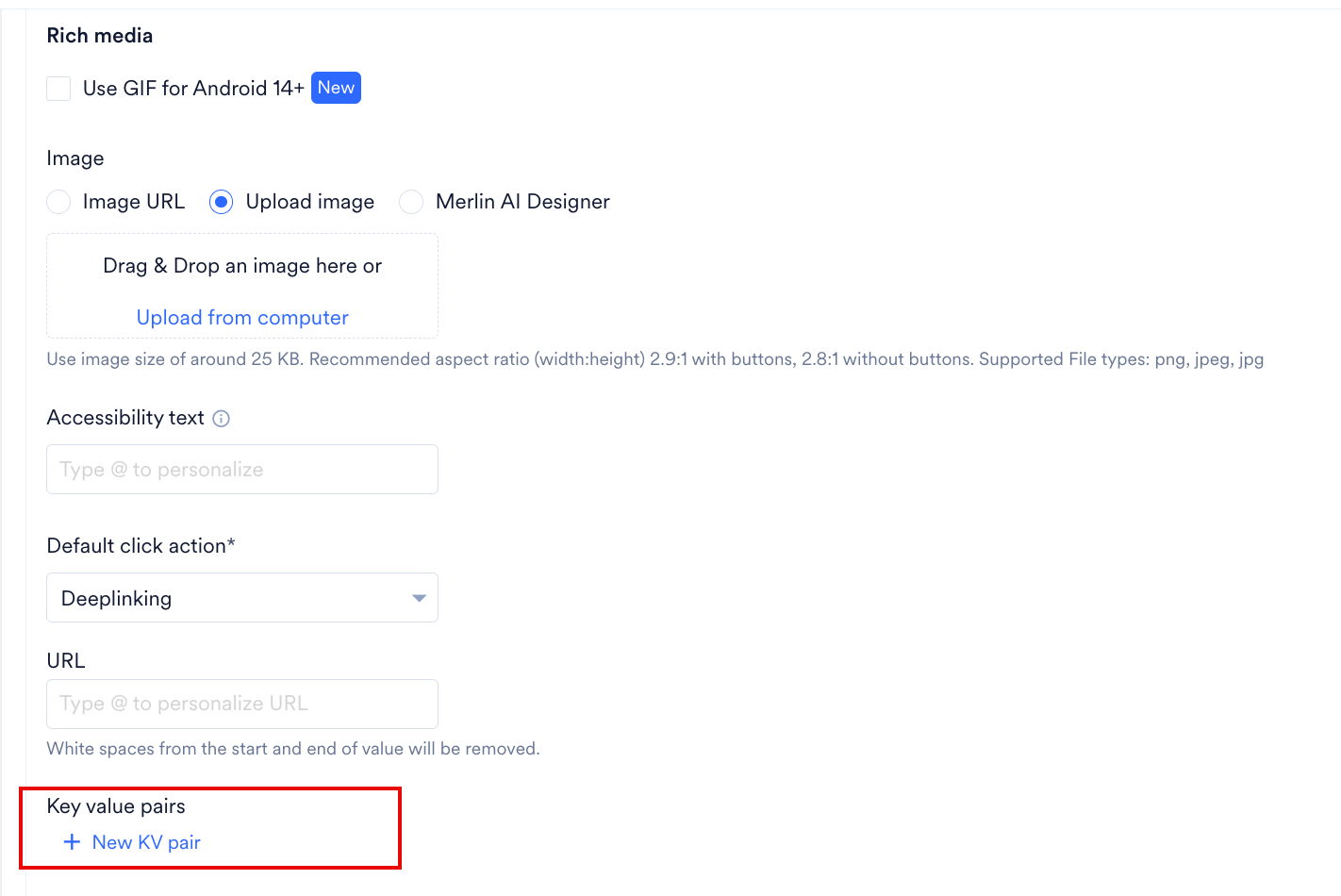 The Key value pairs section at the end of Basic Details, below Default click action and URL, with the New KV pair link highlighted