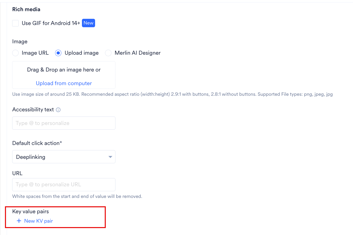 The Key value pairs section at the end of Basic Details, below Default click action and URL, with the New KV pair link highlighted