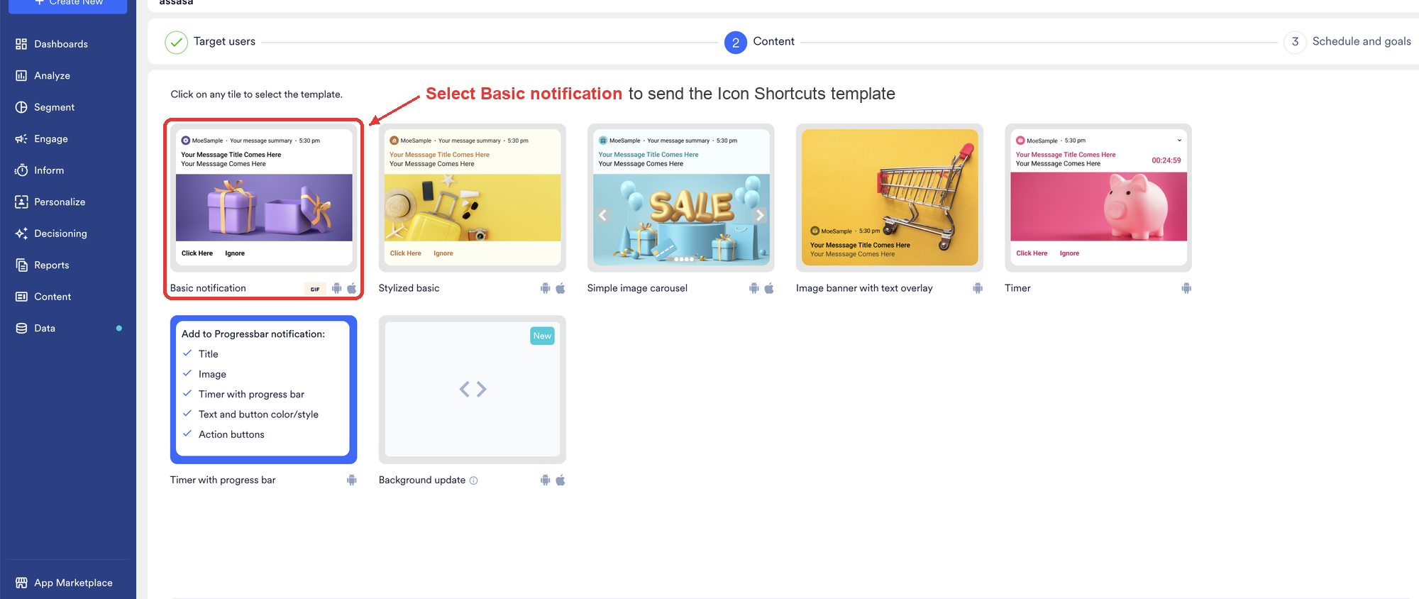 The Content step of the push campaign builder, showing the template tiles with Basic notification as the first tile
