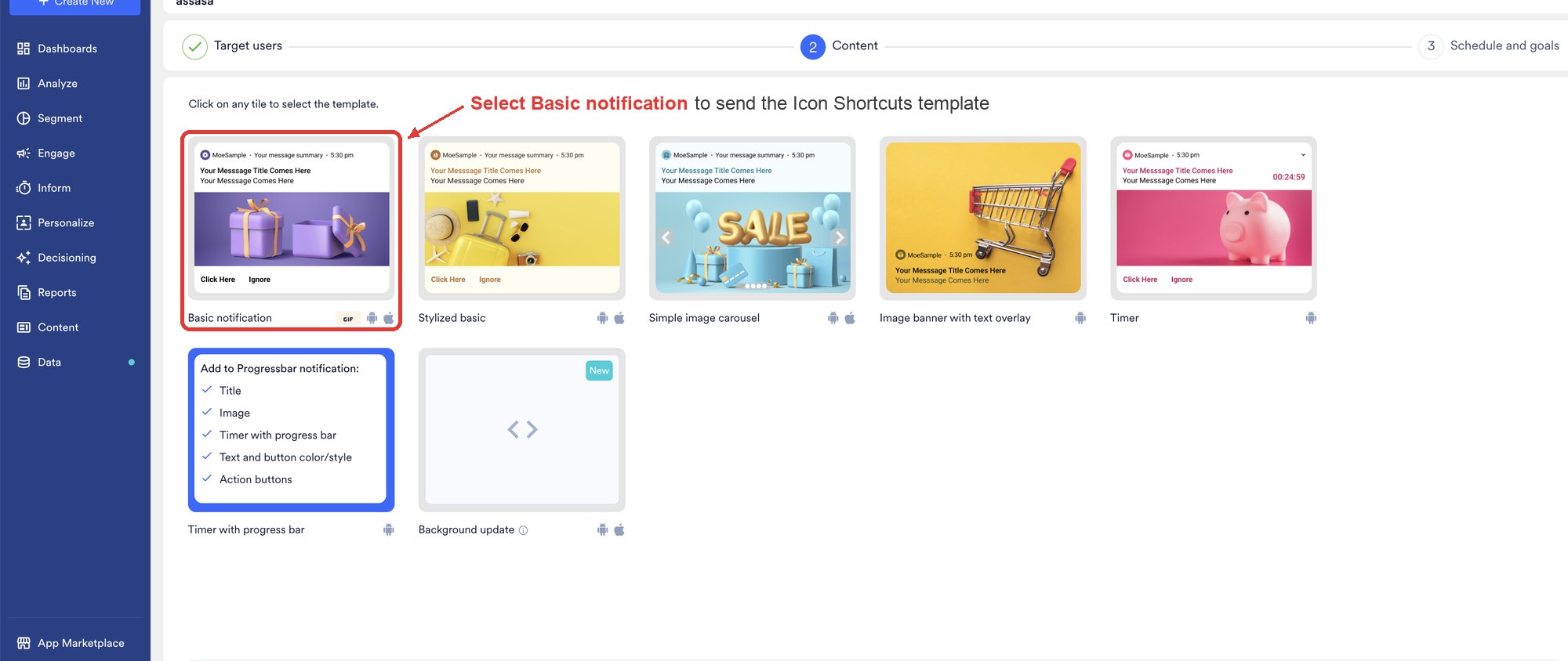 The Content step of the push campaign builder, showing the template tiles with Basic notification as the first tile
