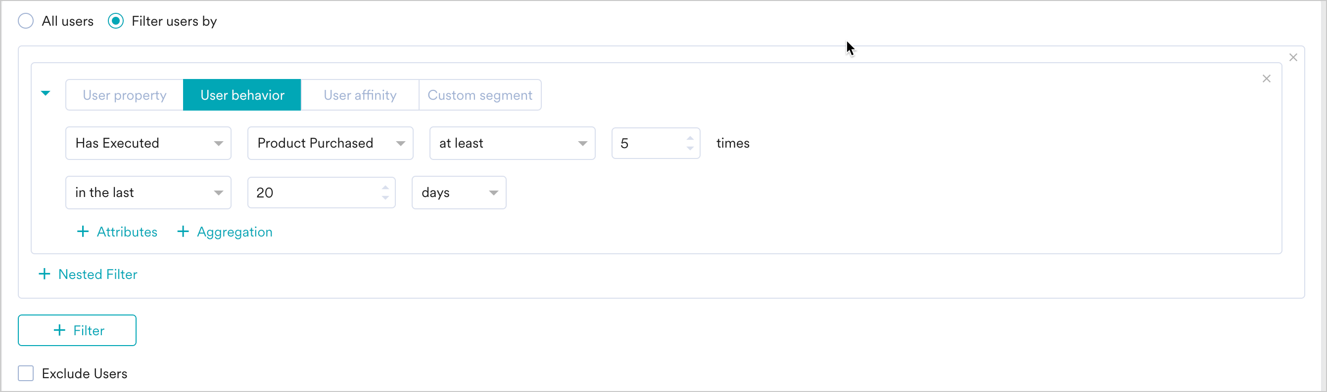 Segmentation filter set to User behavior, Has Executed Product Purchased at least 5 times in the last 20 days.