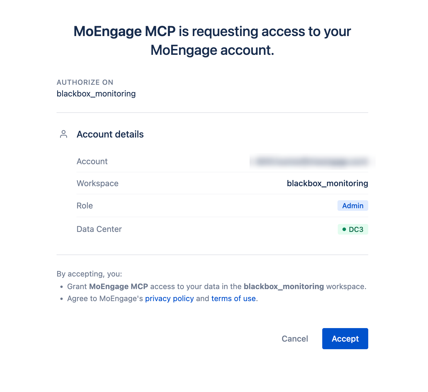 MoEngage MCP OAuth authorization screen showing account, workspace, role, and data center