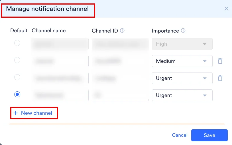 Notification Channel drop-down menu in the Android push composer