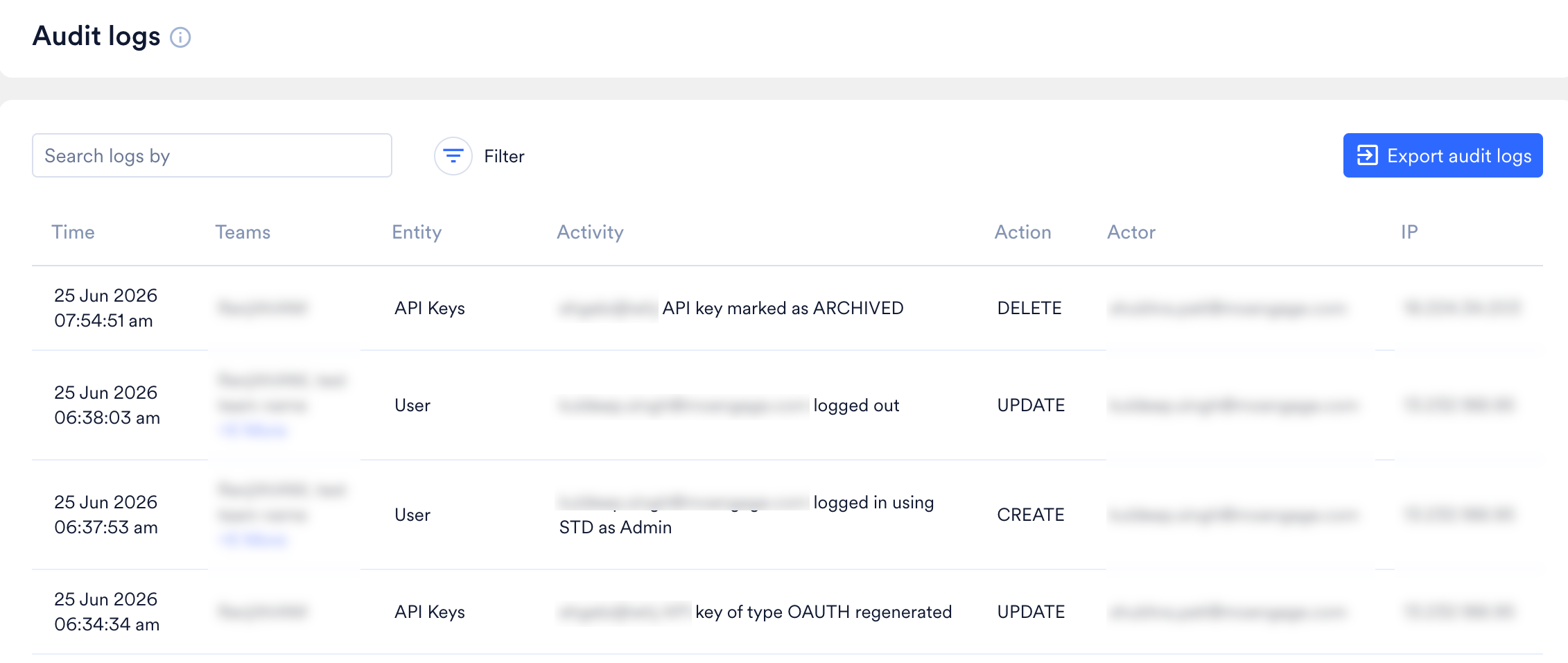 Audit logs page showing API key actions