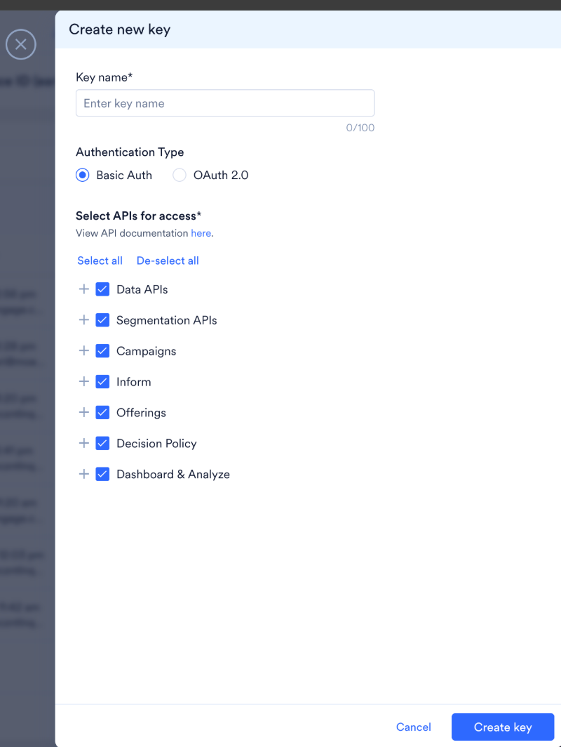 Image showing the steps to create a new API key in the Create new key dialog of Basic Authentication