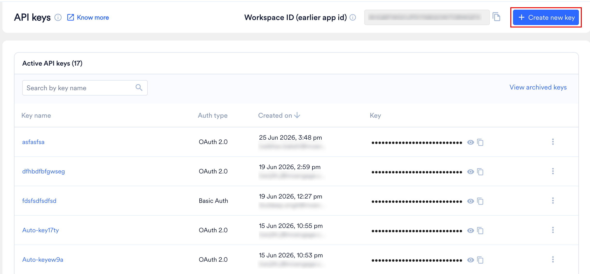 Create new key button highlighted on the API Keys page