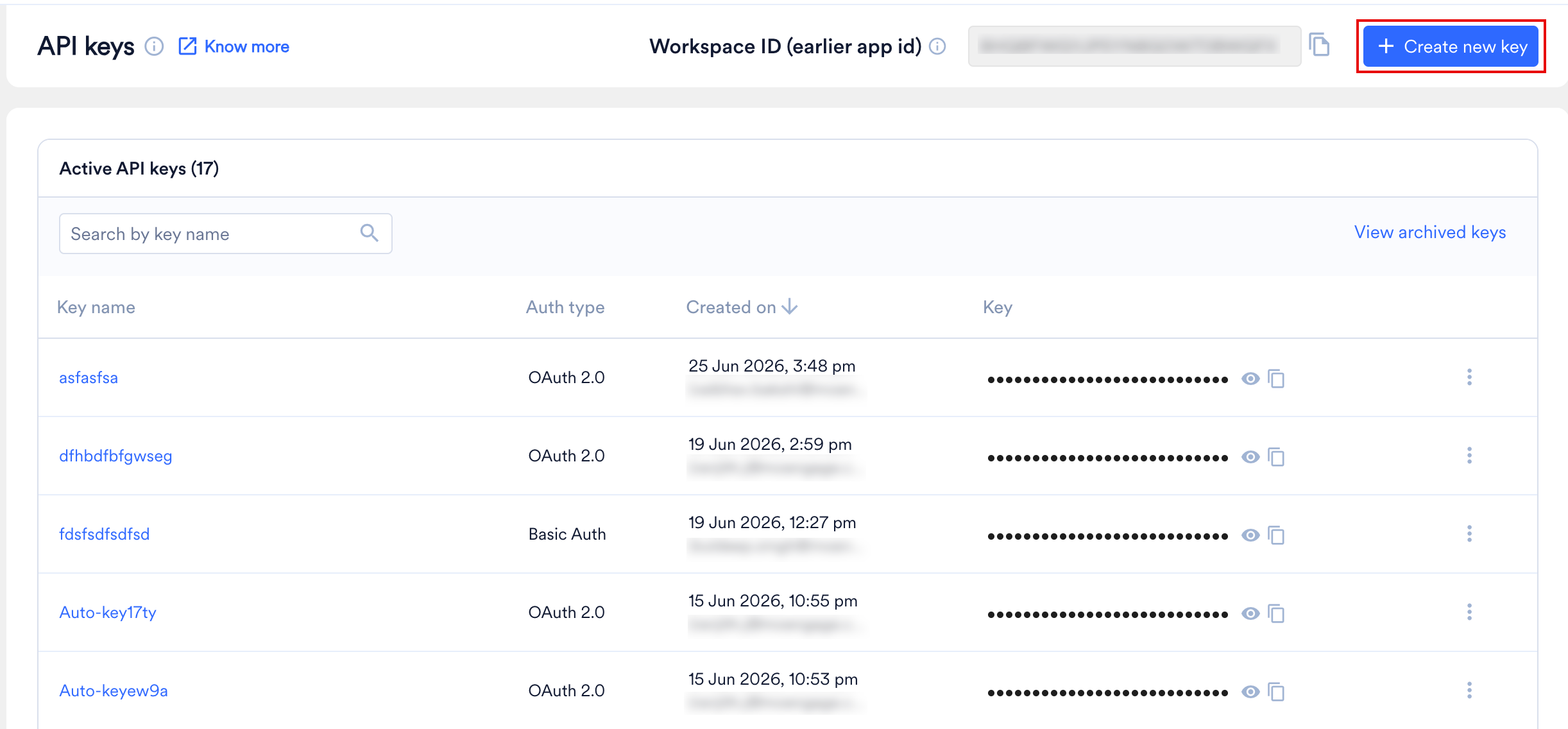 Create new key button highlighted on the API Keys page