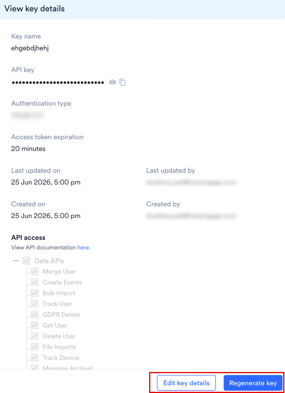 View key details panel showing key name, API key, authentication type, access token expiration, audit fields, and API access, with the Edit key details and Regenerate key buttons highlighted