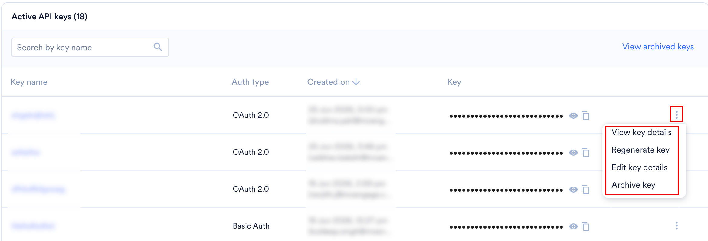 Key action menu showing View key details, Regenerate key, Edit key details, and Archive key options