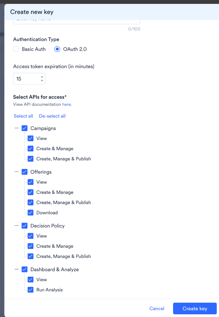 Image showing the steps to create a new API key in the Create new key dialog for OAuth 2.0