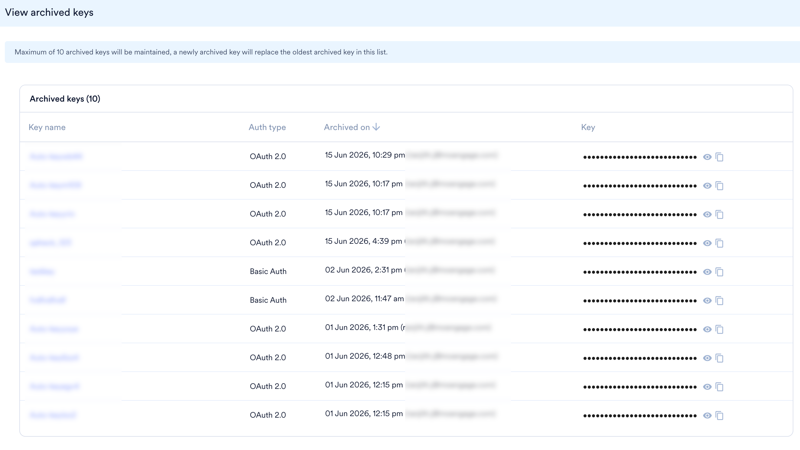 Archived keys list showing key name, authentication type, created on, and key columns