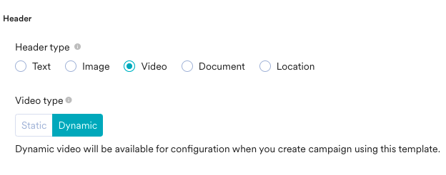 WhatsApp template header type options including text, image, video, document, and location
