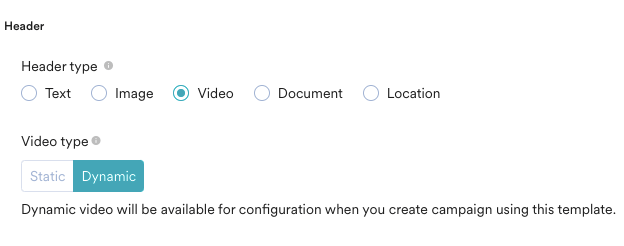 WhatsApp template header type options including text, image, video, document, and location