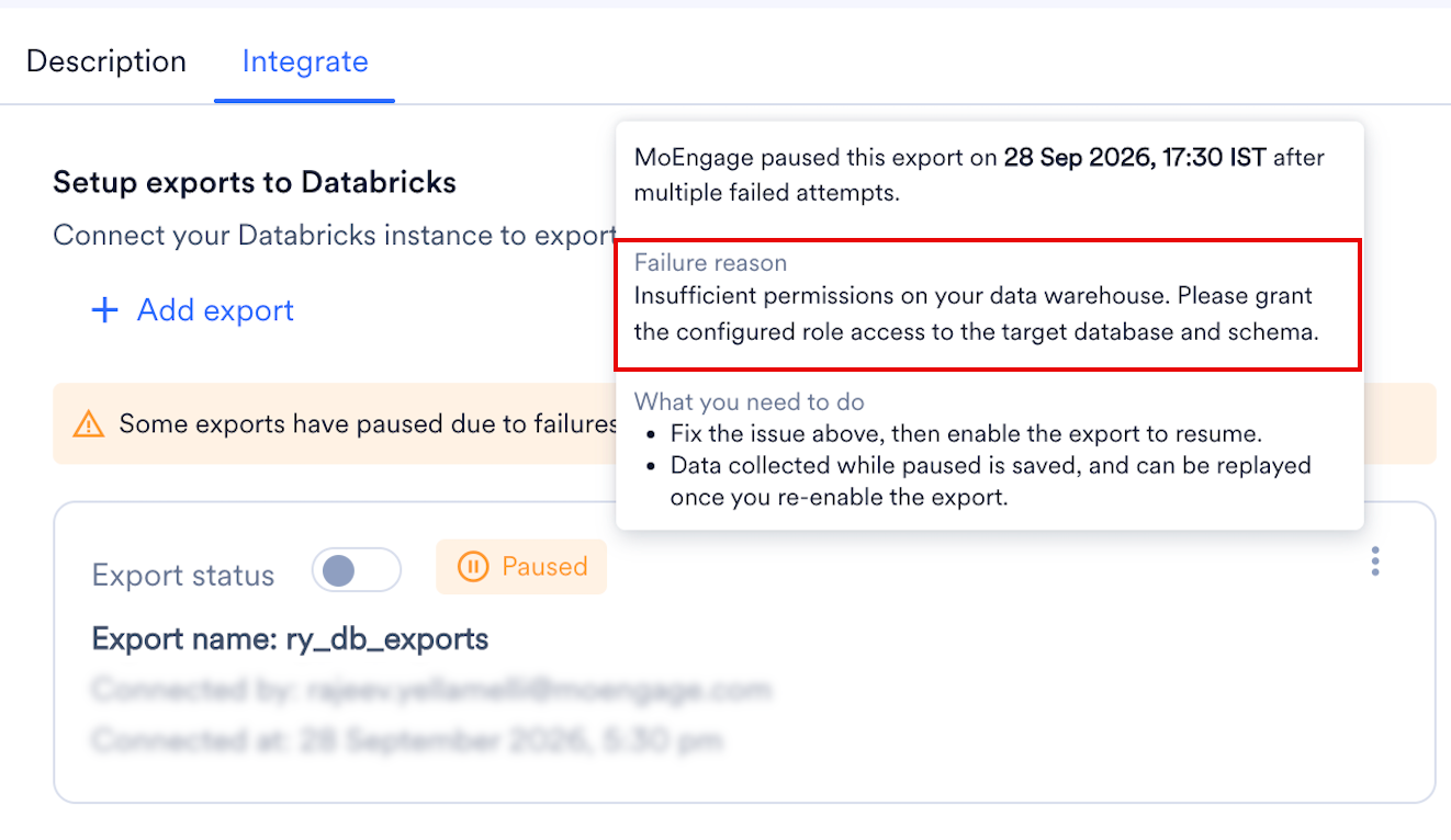 The Paused label hover on the Integrate tab, showing the failure reason and what you need to do