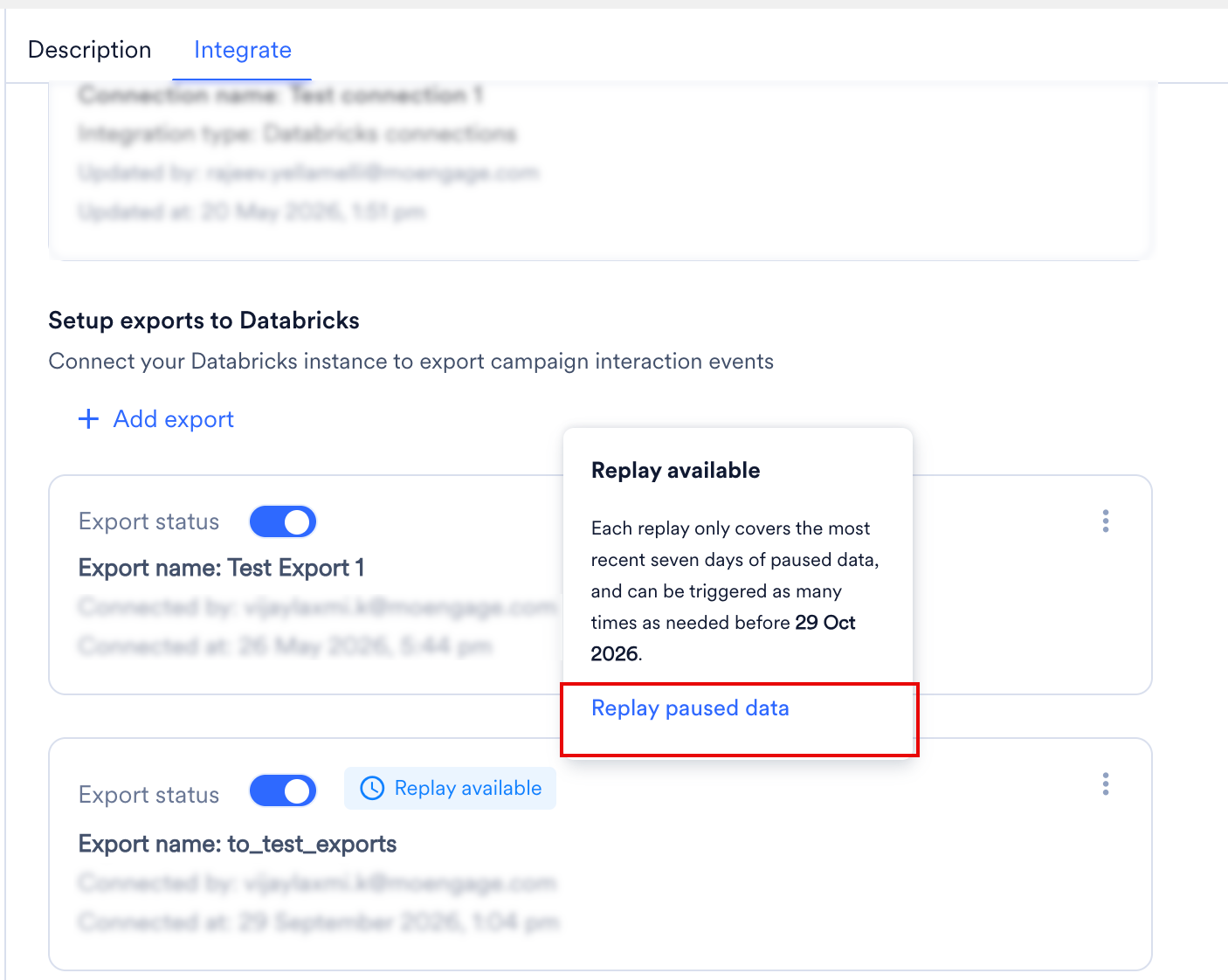Databricks export with a Replay available label on the Integrate tab and the Replay paused data option