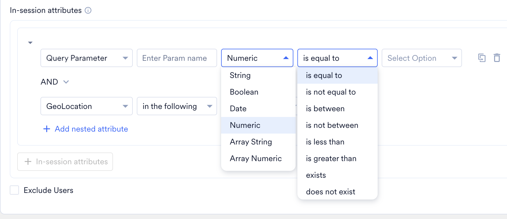Query parameter condition with the data type list open and Numeric selected, showing the operators available for Numeric