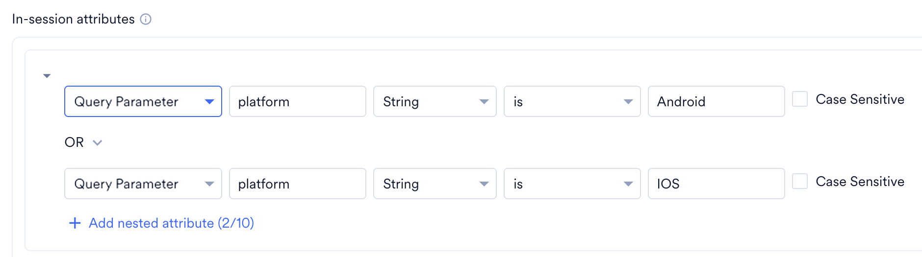 One group with two query parameter conditions joined by OR: platform is Android and platform is IOS