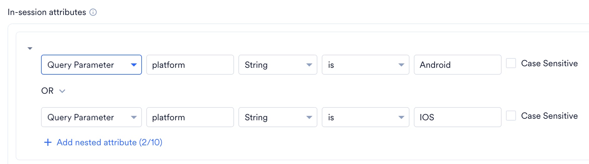One group with two query parameter conditions joined by OR: platform is Android and platform is IOS