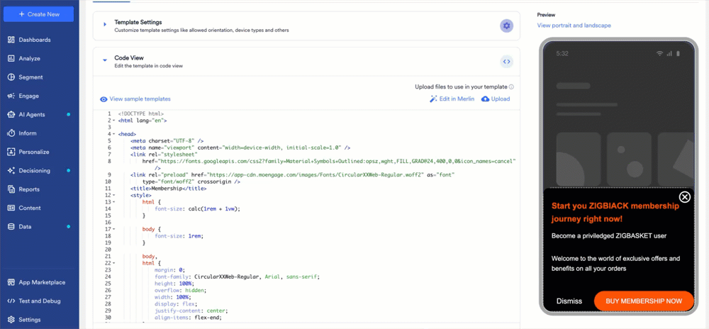 Clicking Edit in Merlin, prompting a color change on the reference HTML, and applying the new version to the code editor
