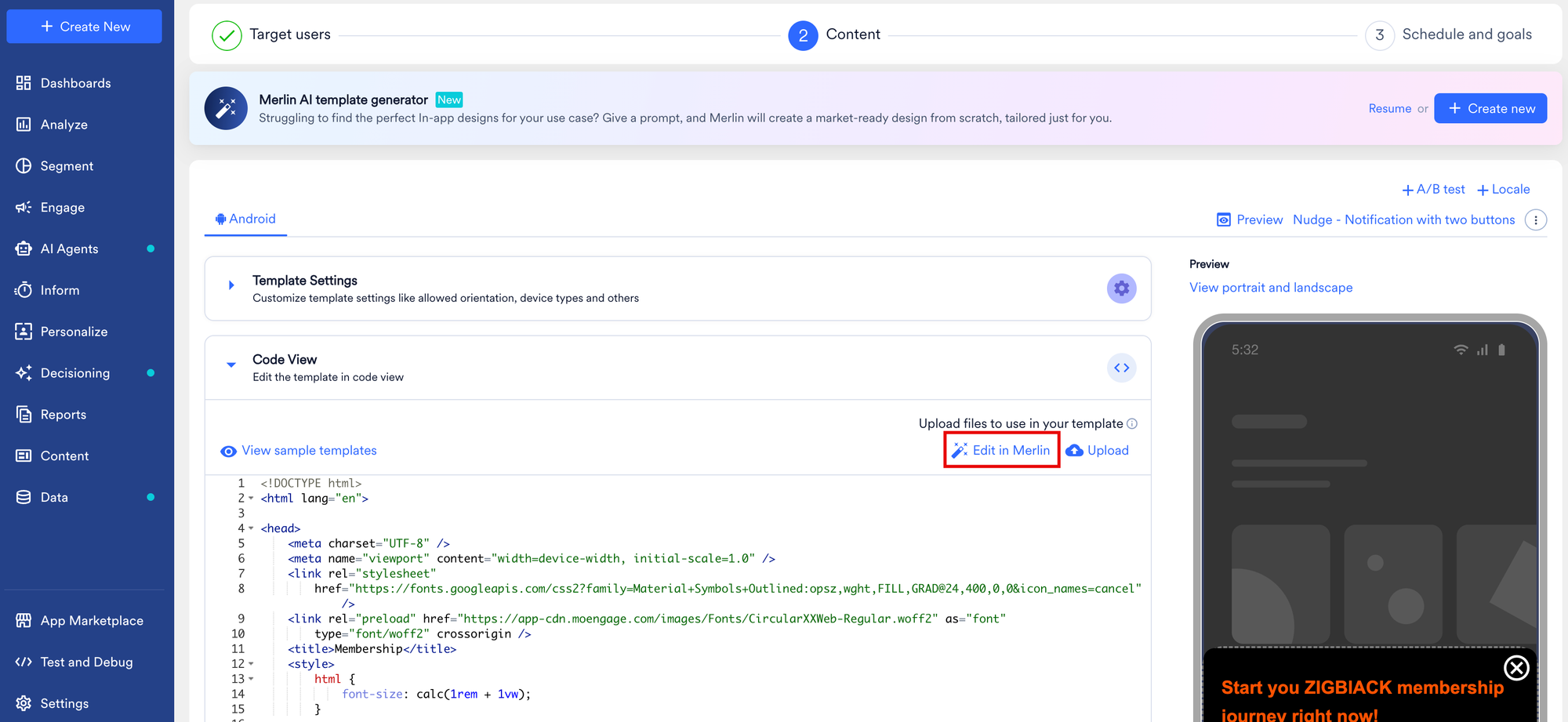 Edit in Merlin option next to Upload in the Code View section of the In-App Content step