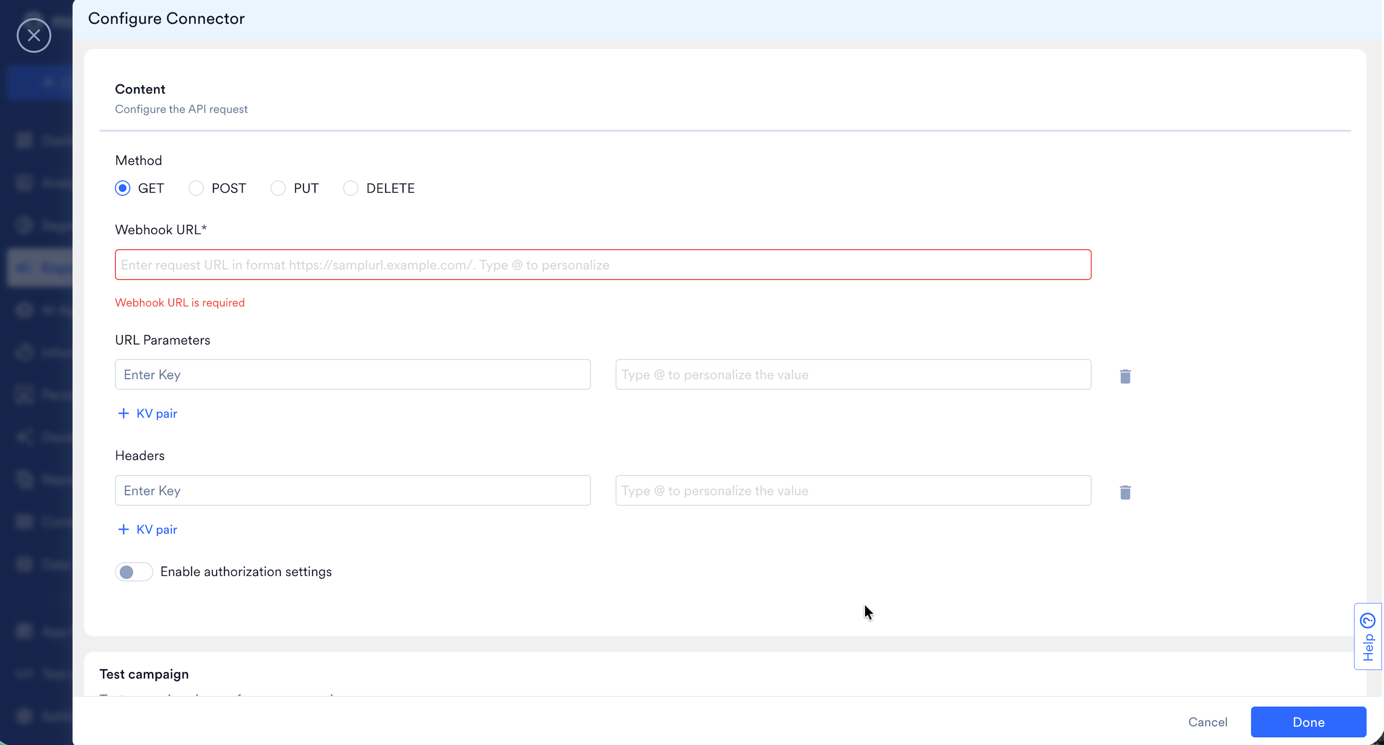 The Configure Connector panel showing the Webhook URL, URL Parameters, and Headers fields