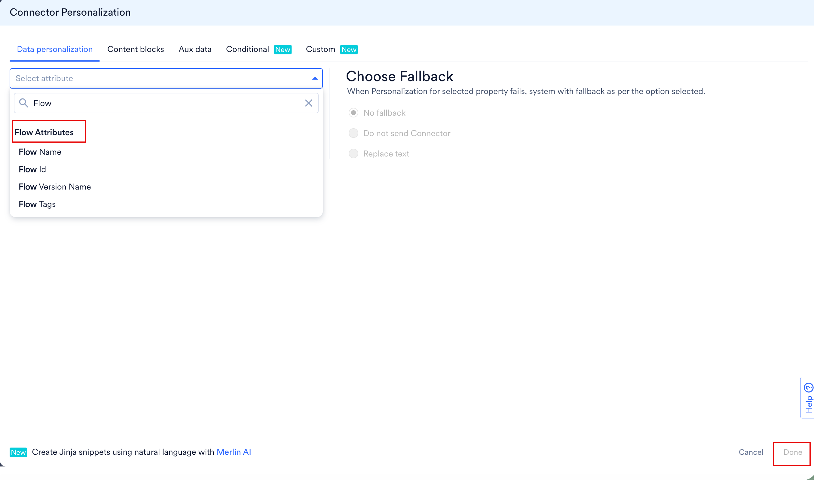 The Connector Personalization window showing the Flow Attributes section in the Select attribute list and the Done button