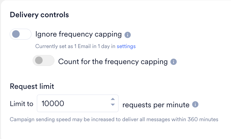 Delivery controls section with frequency capping toggles and the Request limit throttling field