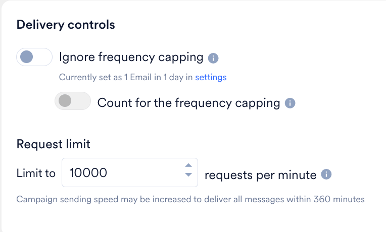 Delivery controls section with frequency capping toggles and the Request limit throttling field