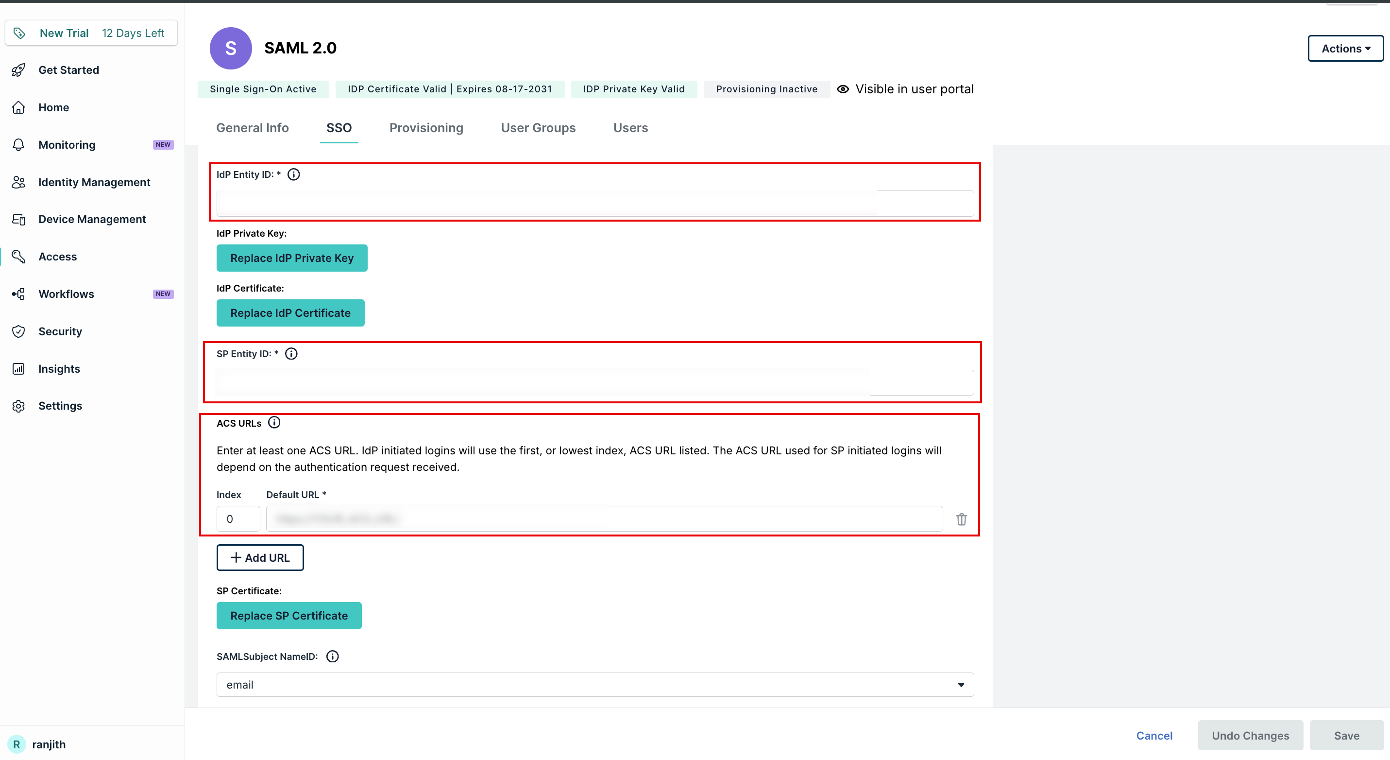 Configure the SP Entity ID and ACS URLs in JumpCloud