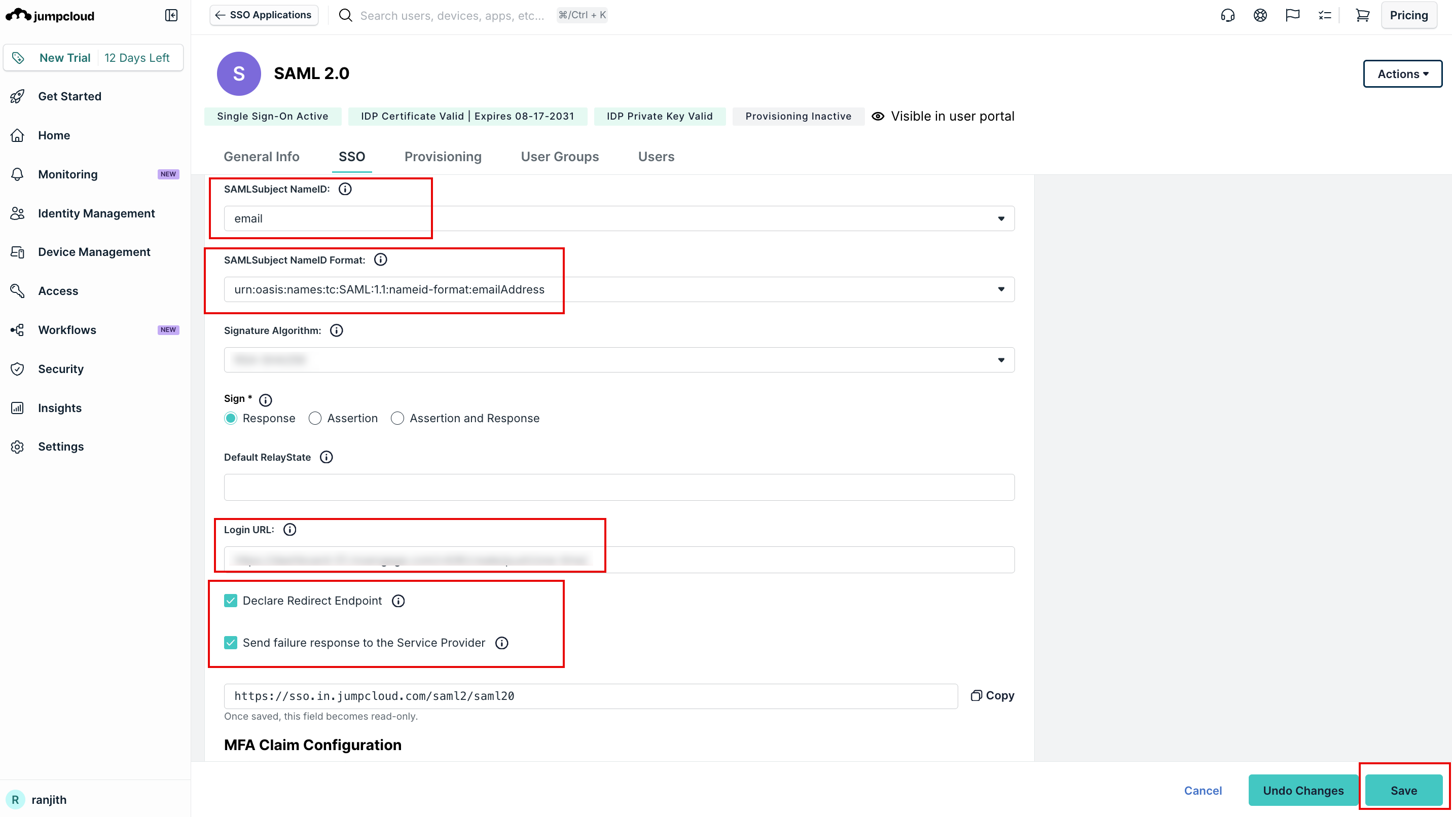 Configure the SP Entity ID and ACS URLs in JumpCloud