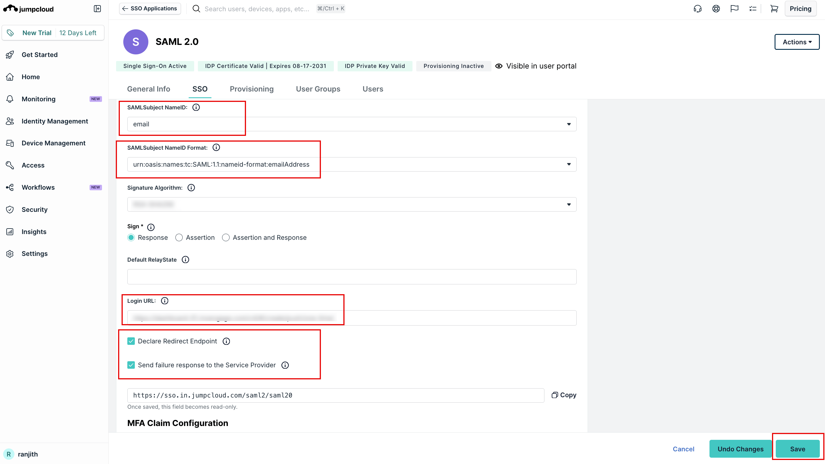 JumpCloud で SP Entity ID と ACS URLs を設定する