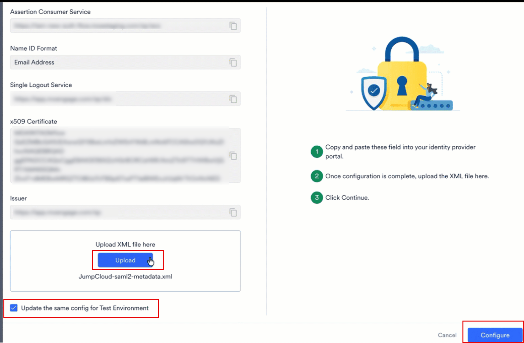 JumpCloud のメタデータファイルをアップロードし、MoEngage ダッシュボードで SSO を設定する