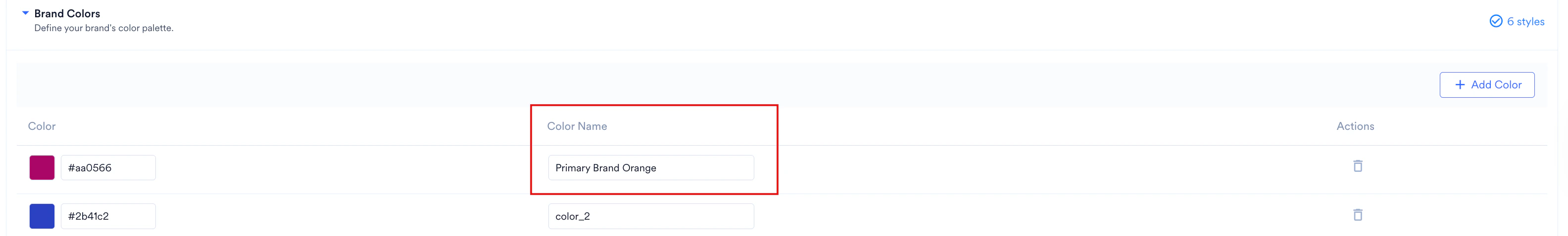 Brand color name field